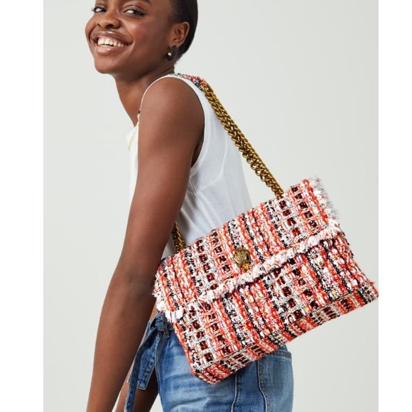 🚫SOLD🚫 Kurt Geiger XL Orange Tweed Fringe Lined Crossbody Shoulder Kensington - Picture 8 of 12